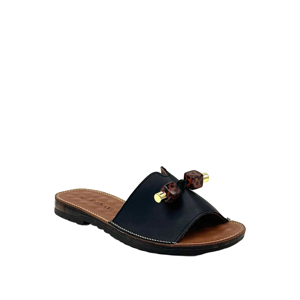 BONAVI Flora black leather slide sandals for women with flexible rubber sole
