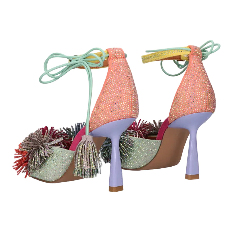 EXE Jennifer 725 multicolor rhinestone tassel heels for women with lace-up ankle strap and stiletto heel