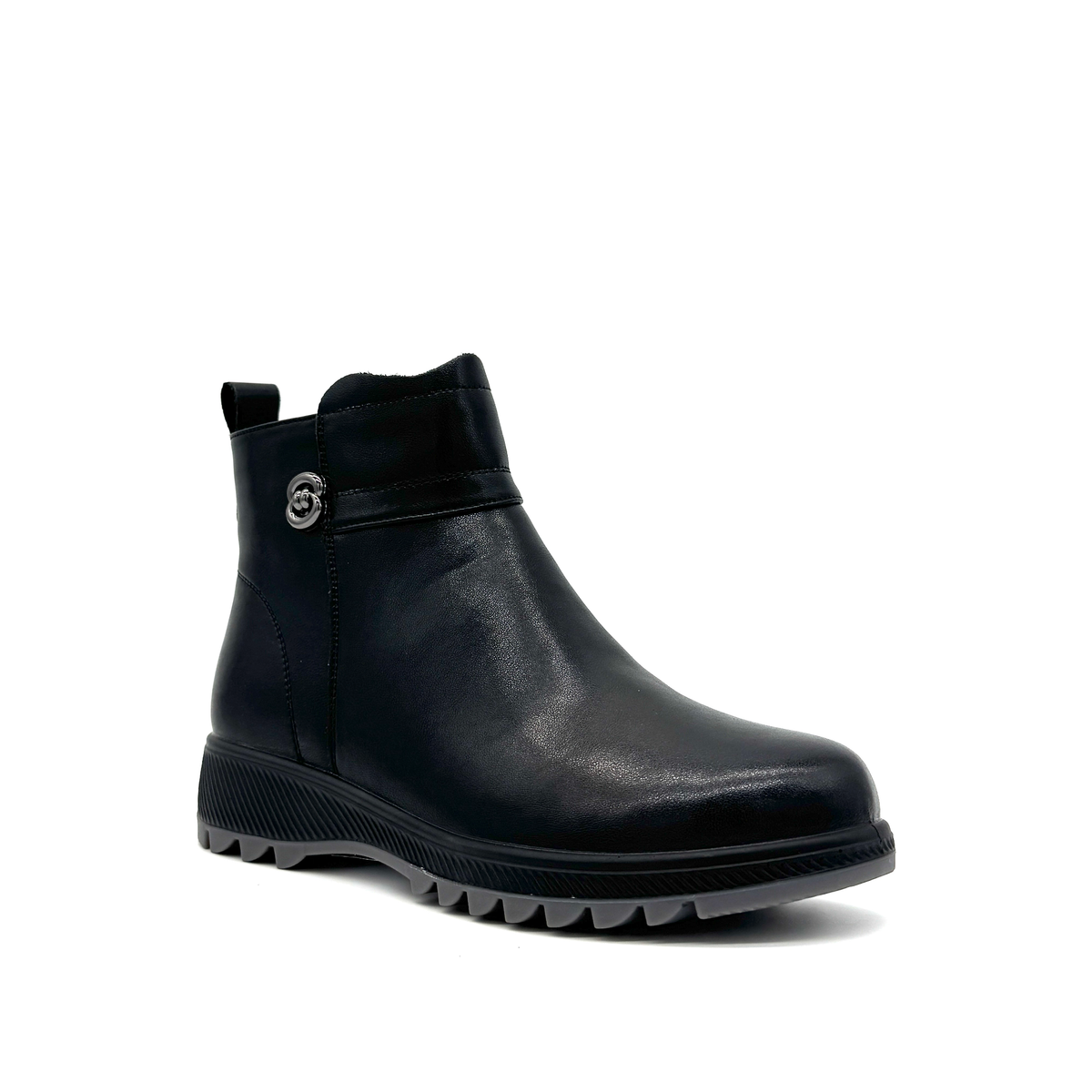 Bonavi 26-ZBU9-18 black leather wedge ankle boot, three-quarter view