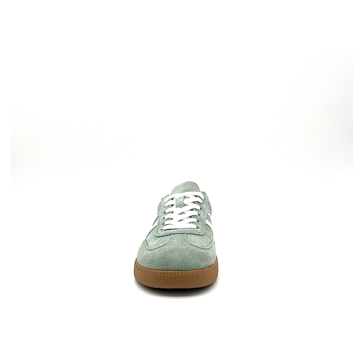 BONAVI Aiden suede leather retro stripe sneaker in sage green with white side stripes and gum sole
