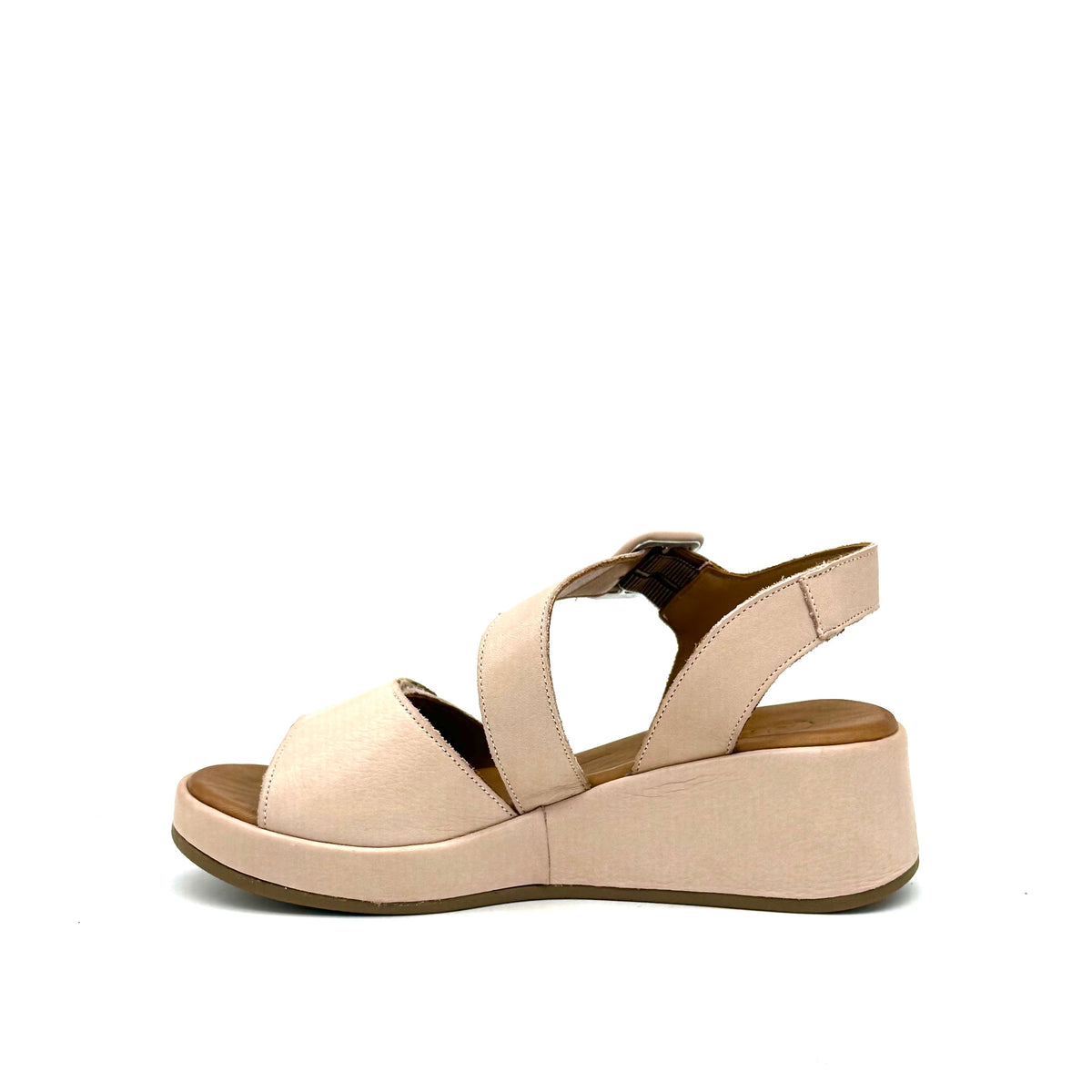 BONAVI Artemis genuine leather platform wedge sandal in nude with square buckle ankle strap