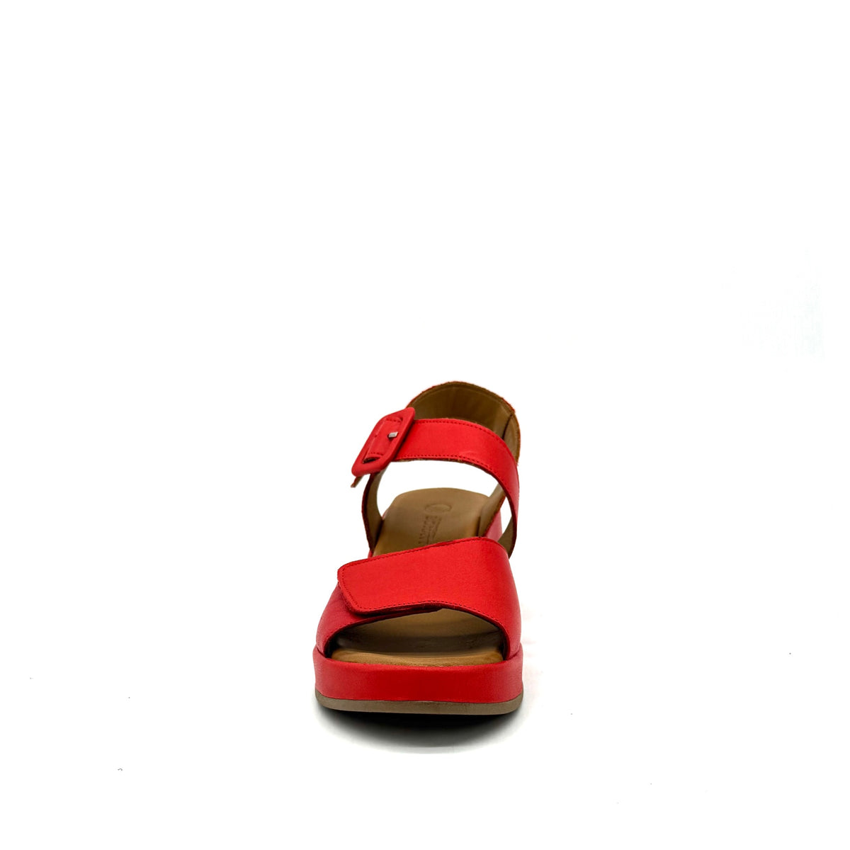 BONAVI Artemis genuine leather platform wedge sandal in red with square buckle ankle strap