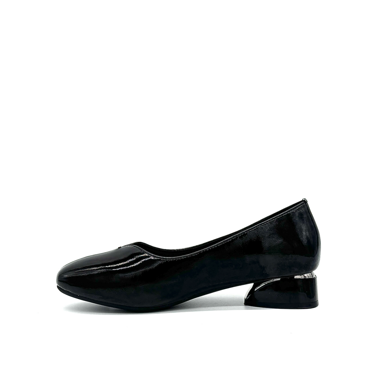 BONAVI Camille genuine leather pointed toe flat in black with high-shine finish and mirrored block heel, inner side view