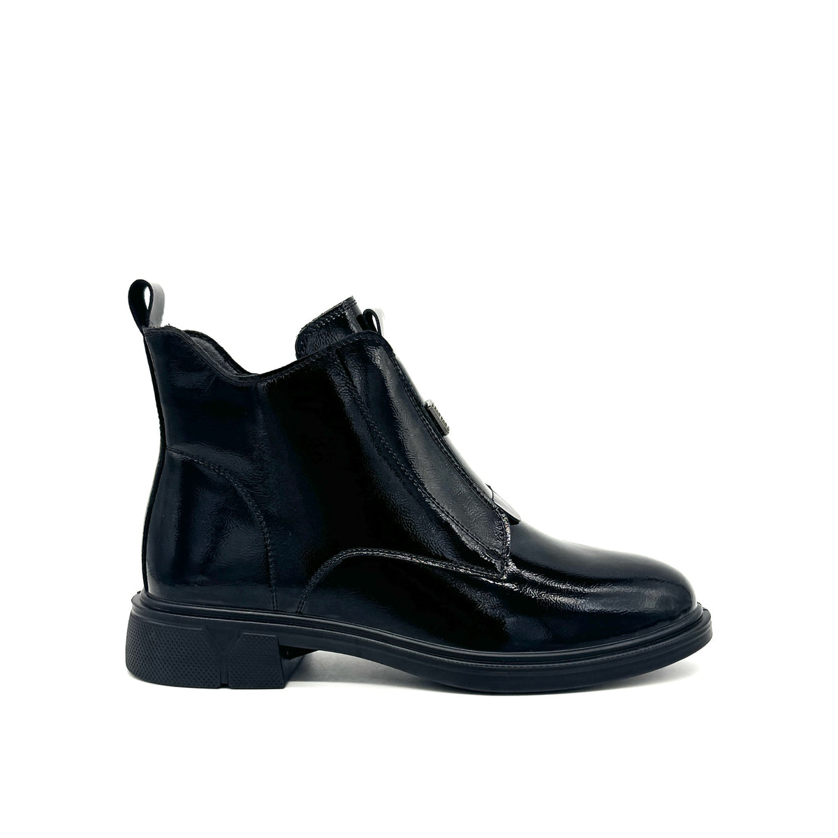 BONAVI Celeste black patent leather front-zip ankle boot with block heel, side view
