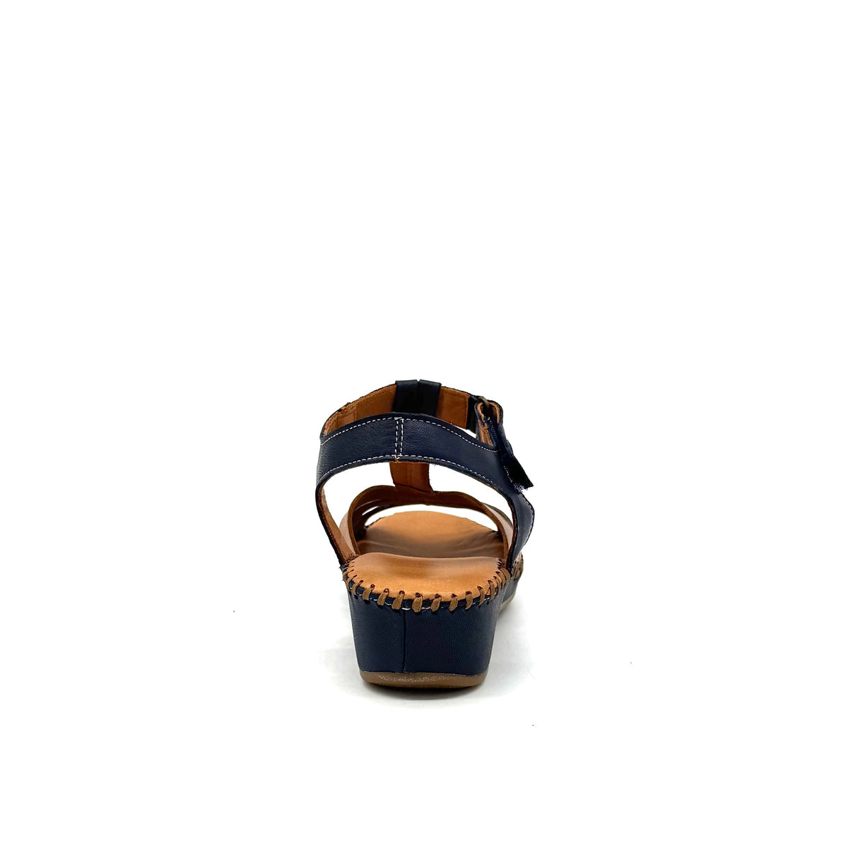 BONAVI Cleo genuine leather T-strap wedge sandal in navy and beige with hand-stitched sole