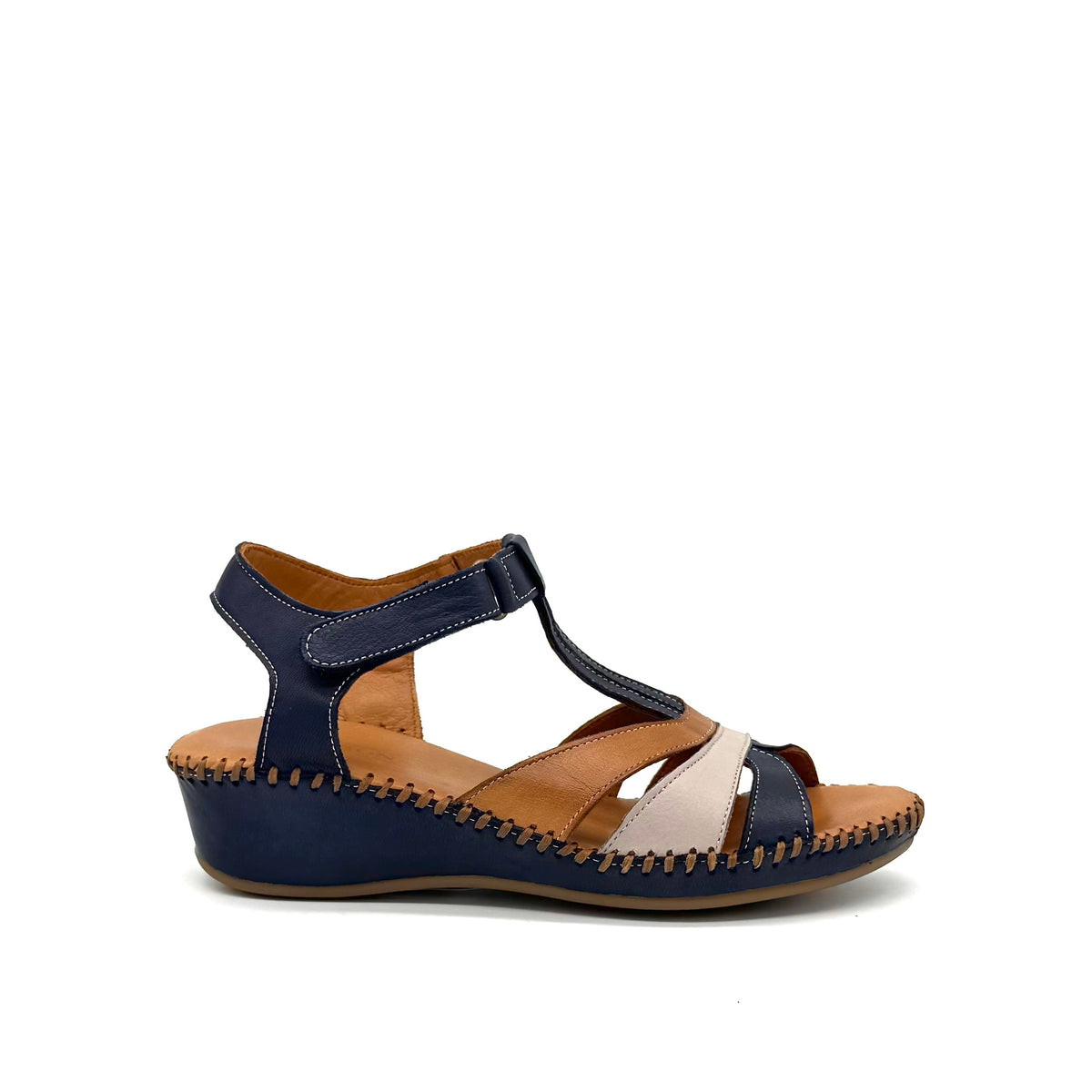 BONAVI Cleo genuine leather T-strap wedge sandal in navy and beige with hand-stitched sole
