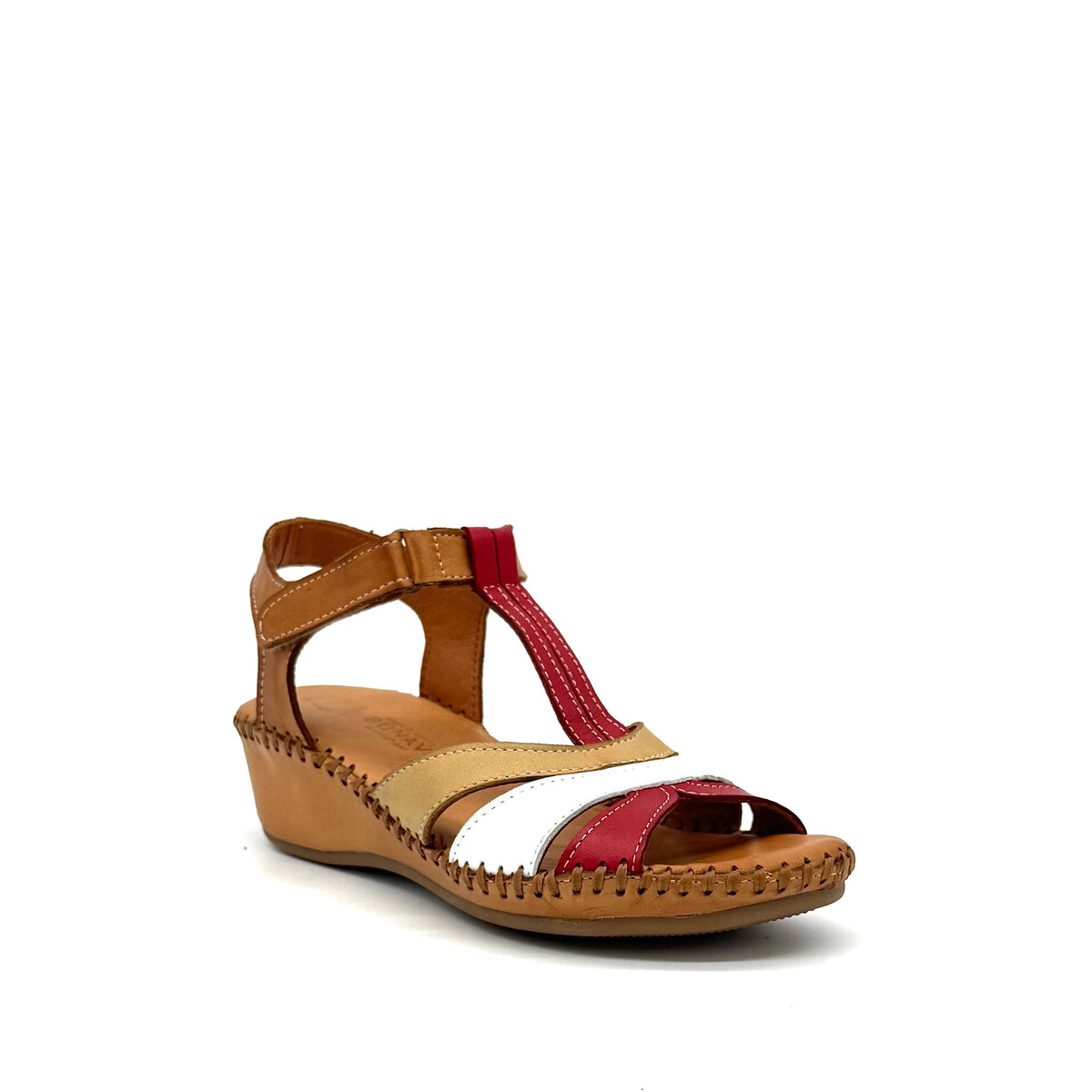 BONAVI Cleo genuine leather T-strap wedge sandal in tan, red, gold and white with hand-stitched sole