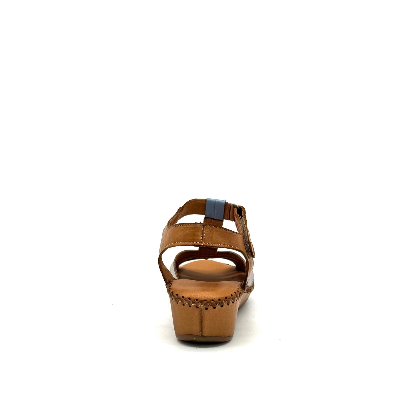 BONAVI Cleo genuine leather T-strap wedge sandal in tan, sky blue and white with hand-stitched sole