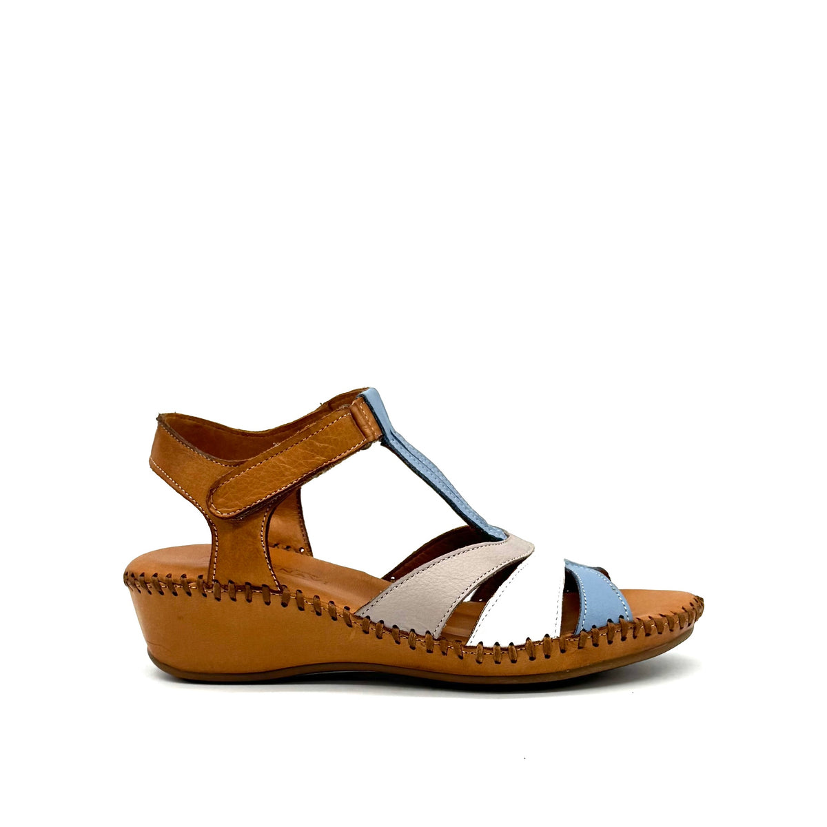 BONAVI Cleo genuine leather T-strap wedge sandal in tan, sky blue and white with hand-stitched sole