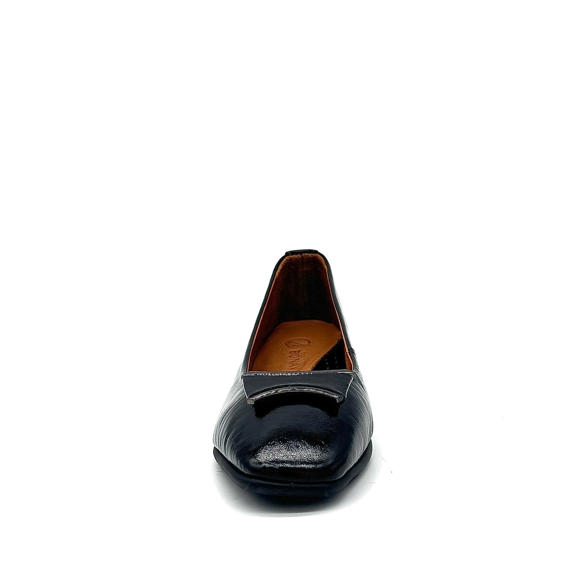 BONAVI Denise genuine leather pointed toe flat in black with tonal buckle detail and low wedge heel