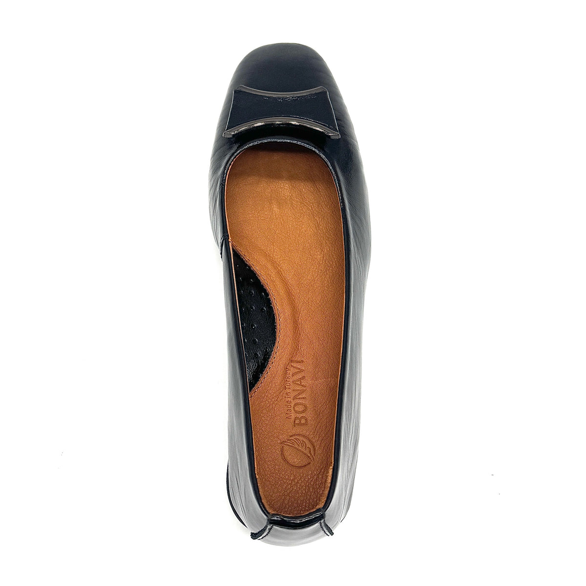 BONAVI Denise genuine leather pointed toe flat in black with tonal buckle detail and low wedge heel