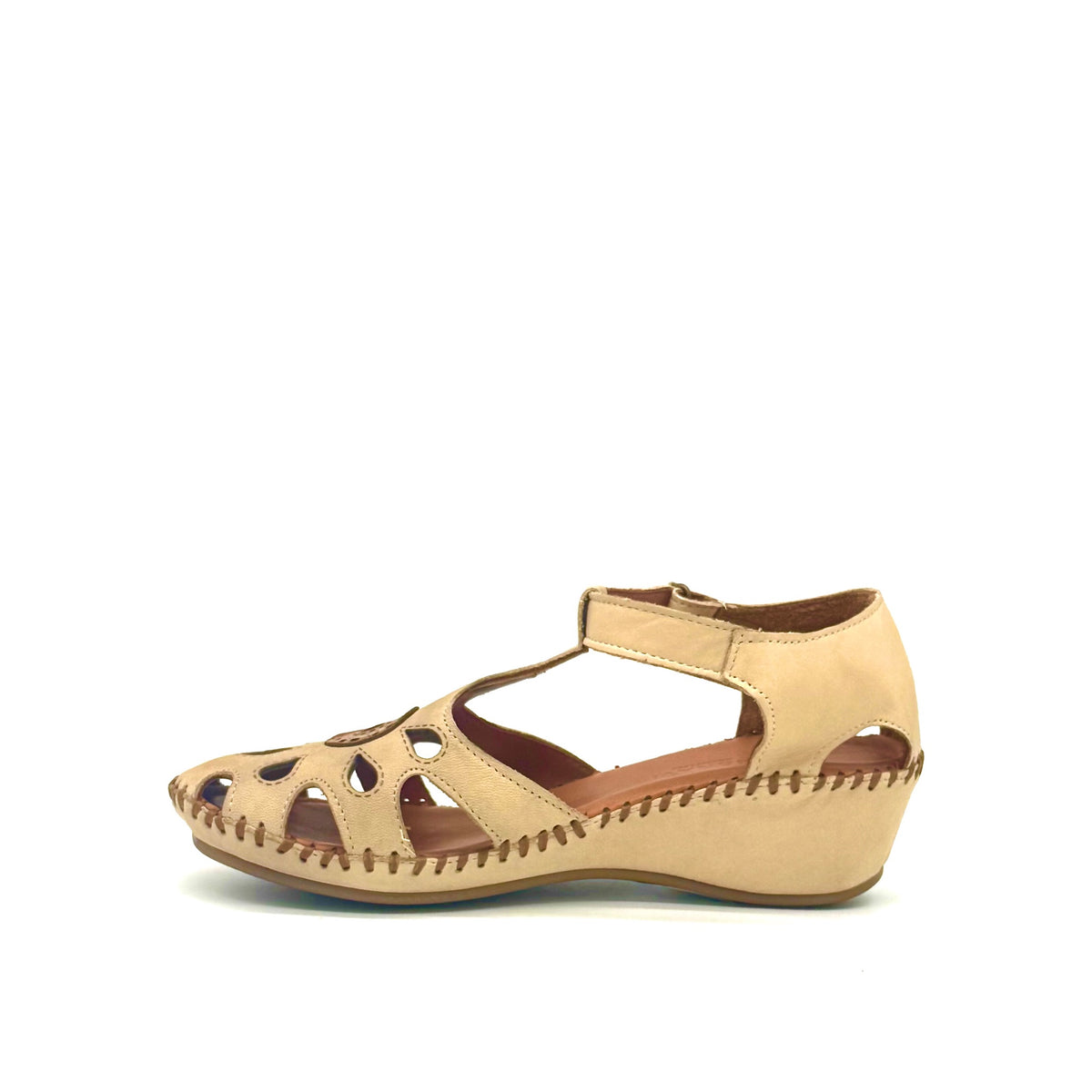 BONAVI Iliana genuine leather cutout wedge sandal in beige with T-strap and hand-stitched sole