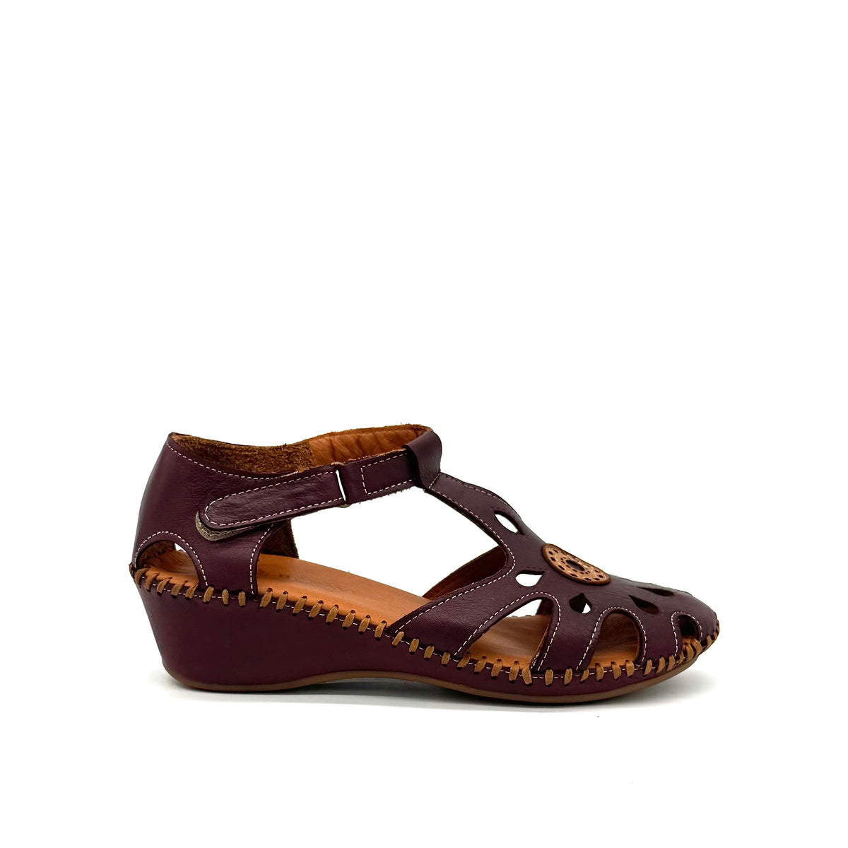 BONAVI Iliana genuine leather cutout wedge sandal in burgundy with T-strap and hand-stitched sole