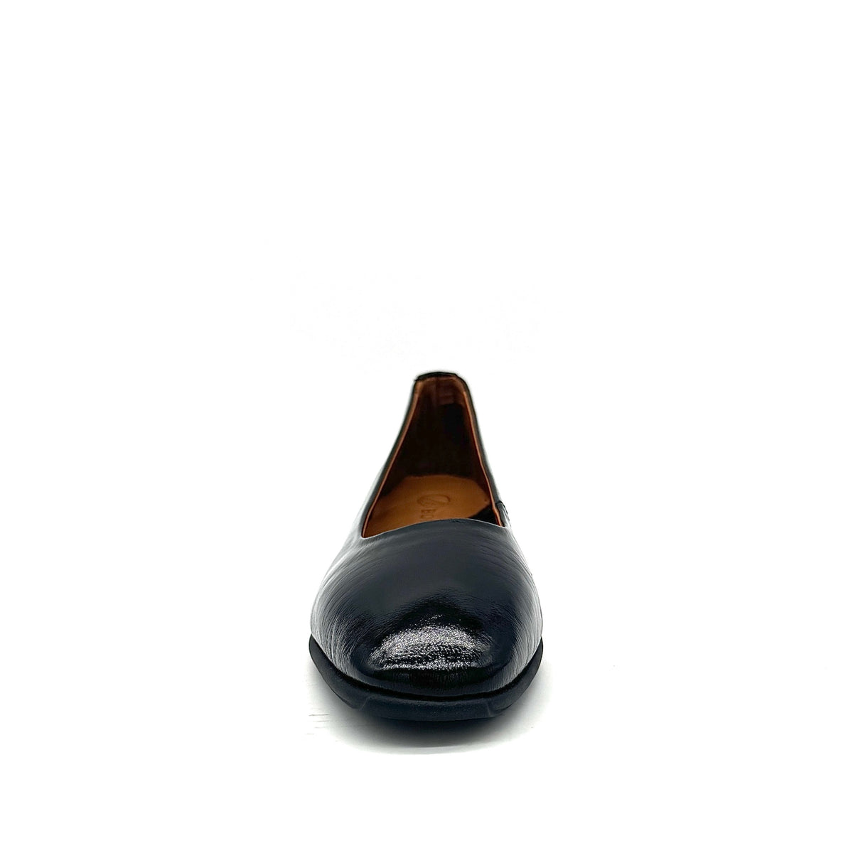 BONAVI Jasmine genuine leather almond toe flat in black with high-shine patent finish and low wedge heel