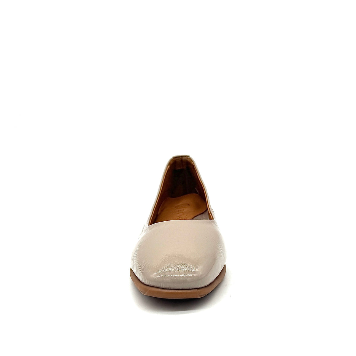 BONAVI Jasmine genuine leather almond toe flat in taupe with high-shine patent finish and low wedge heel