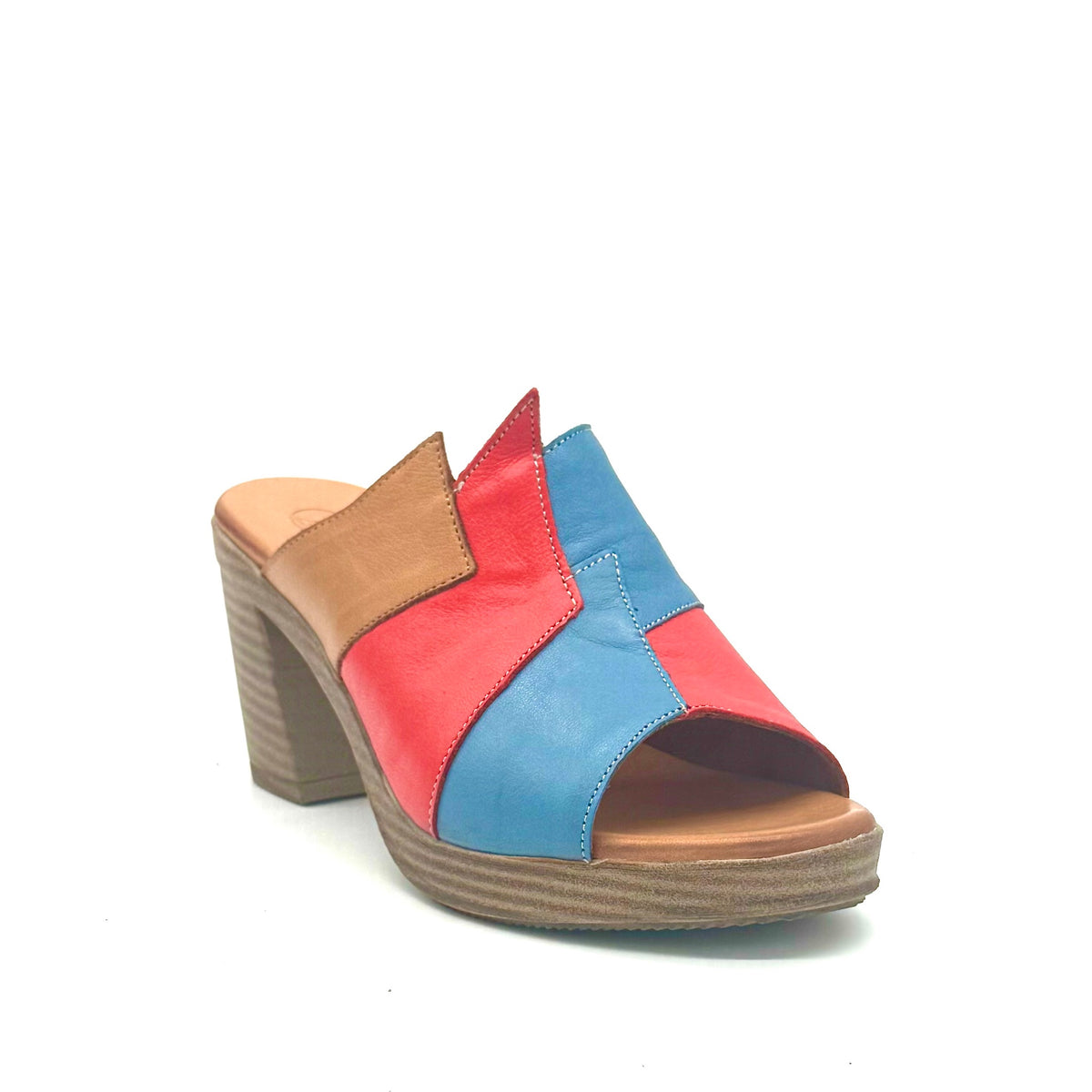 BONAVI Maria genuine leather block heel mule sandal in blue and red multi