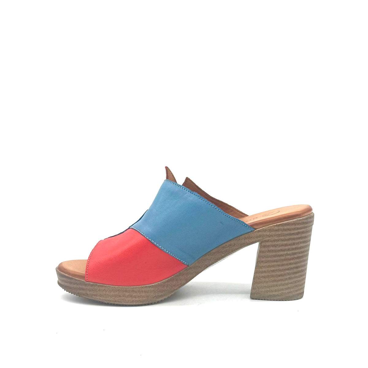 BONAVI Maria genuine leather block heel mule sandal in blue and red multi