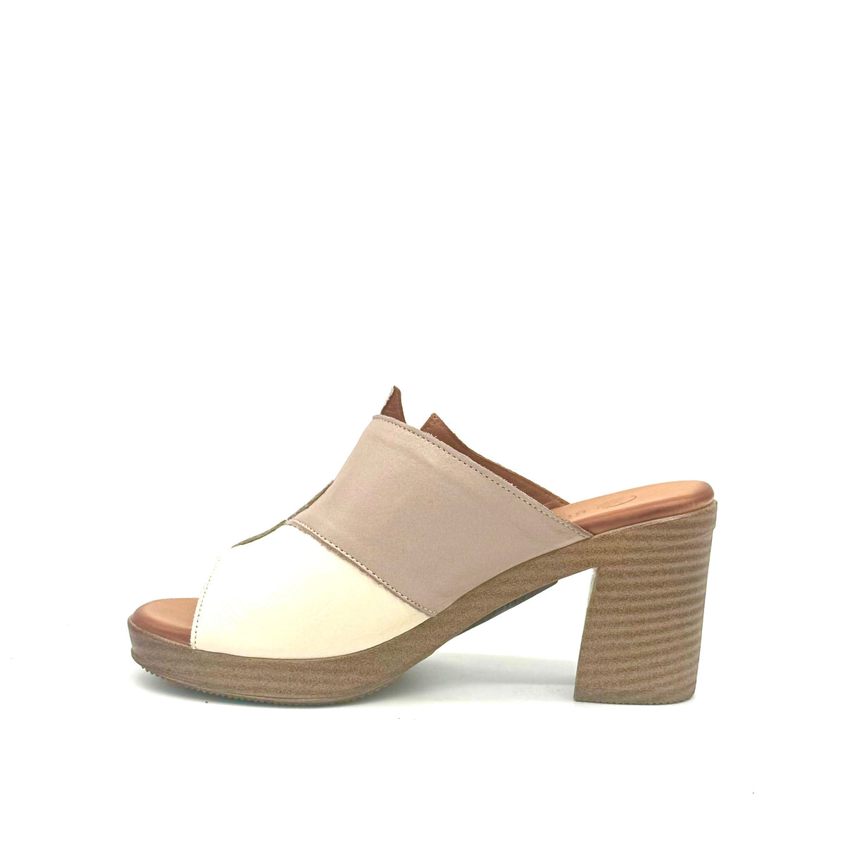 BONAVI Maria genuine leather block heel mule sandal in grey and white