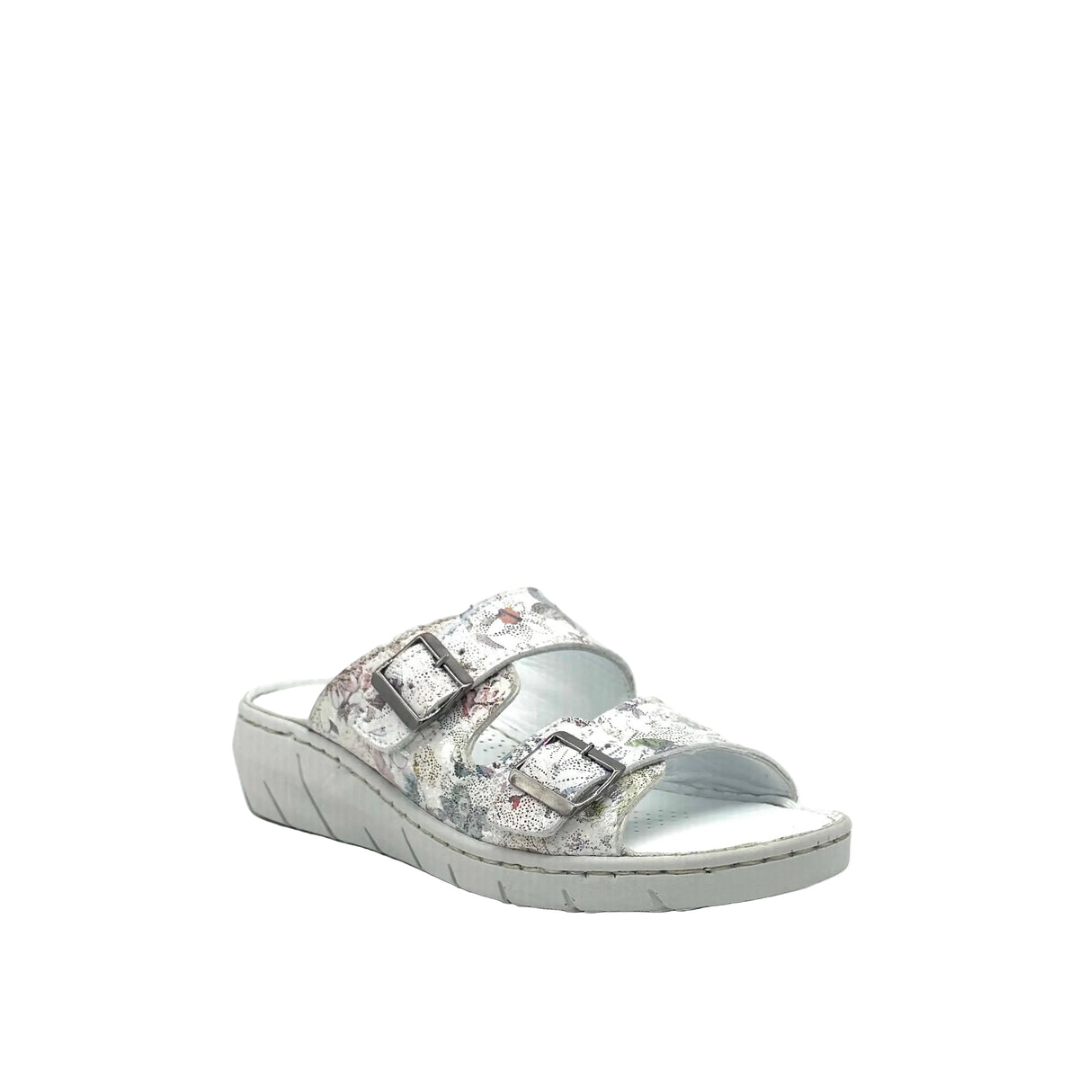 BONAVI Patra leather floral print double buckle slide sandal in white