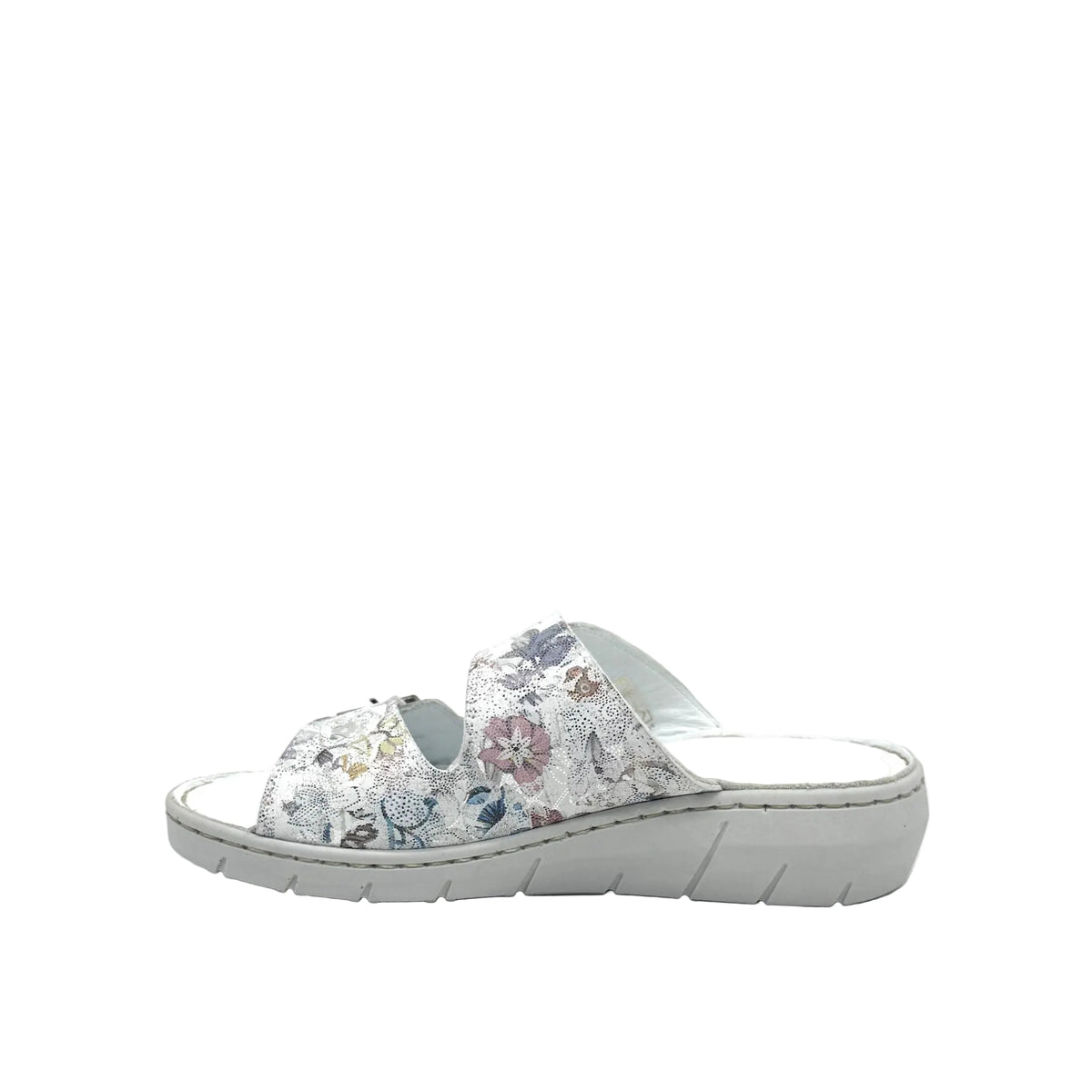 BONAVI Patra leather floral print double buckle slide sandal in white