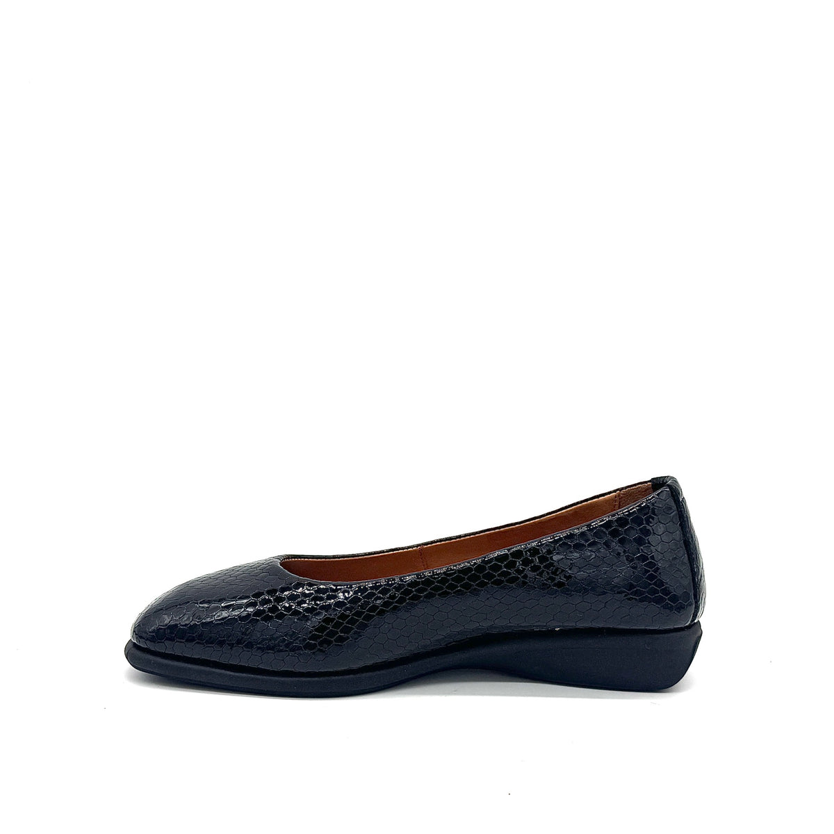 BONAVI Simone genuine leather snake-embossed pointed toe flat in black with low wedge heel