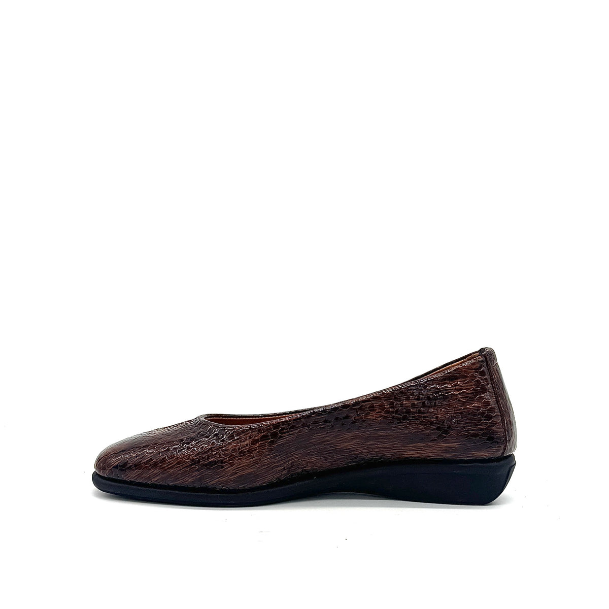 BONAVI Simone genuine leather snake-embossed pointed toe flat in brown with low wedge heel