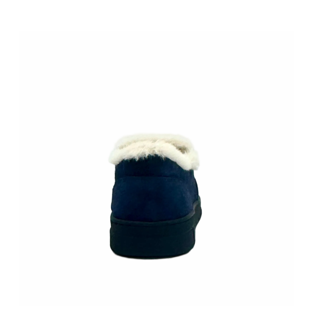 BONAVI Tiffany suede slip-on shoe in navy with natural fur trim, elastic side panels and lug sole, rear view
