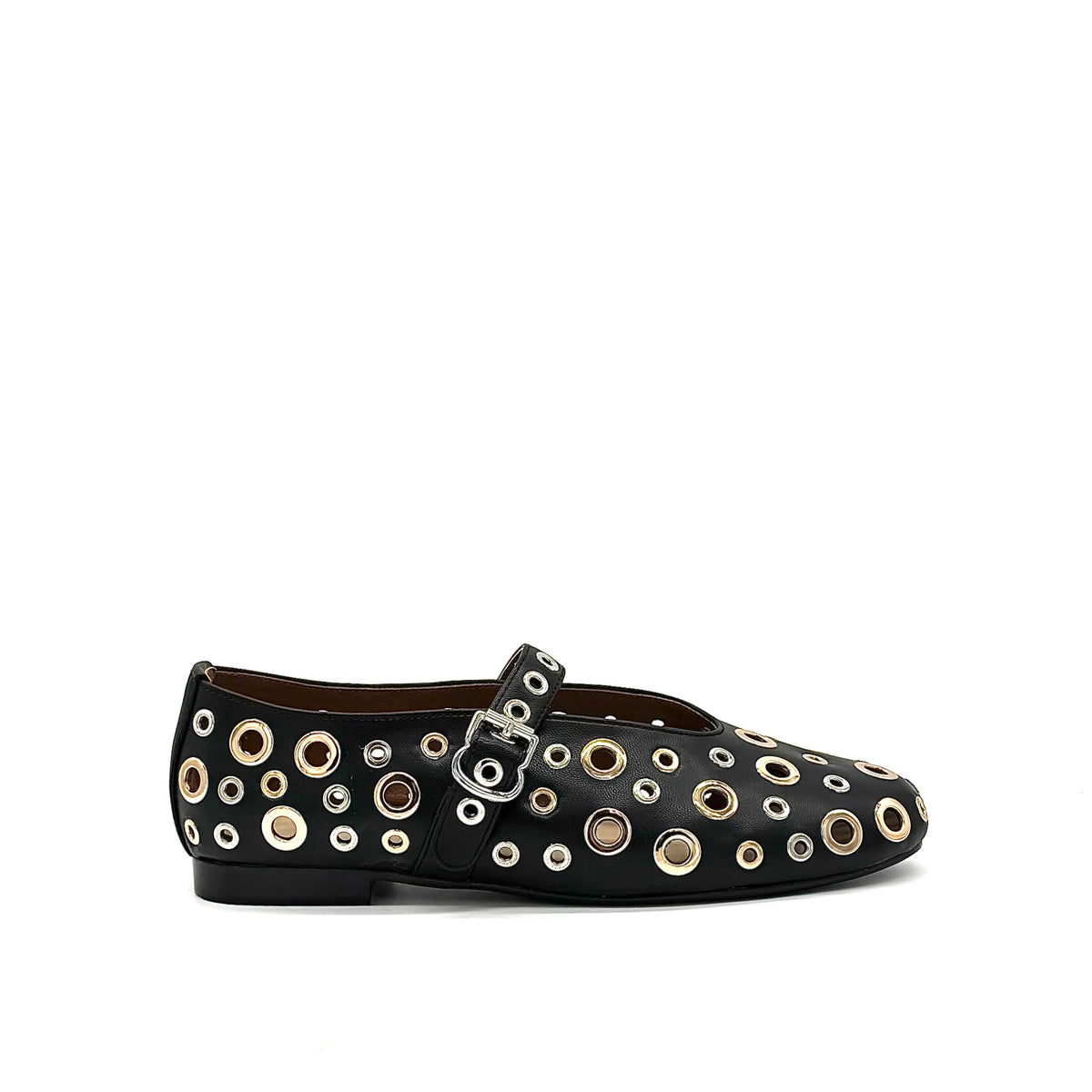 BONAVI Tinos leather ballet flats for women with studded eyelet design and Mary Jane strap in black and beige