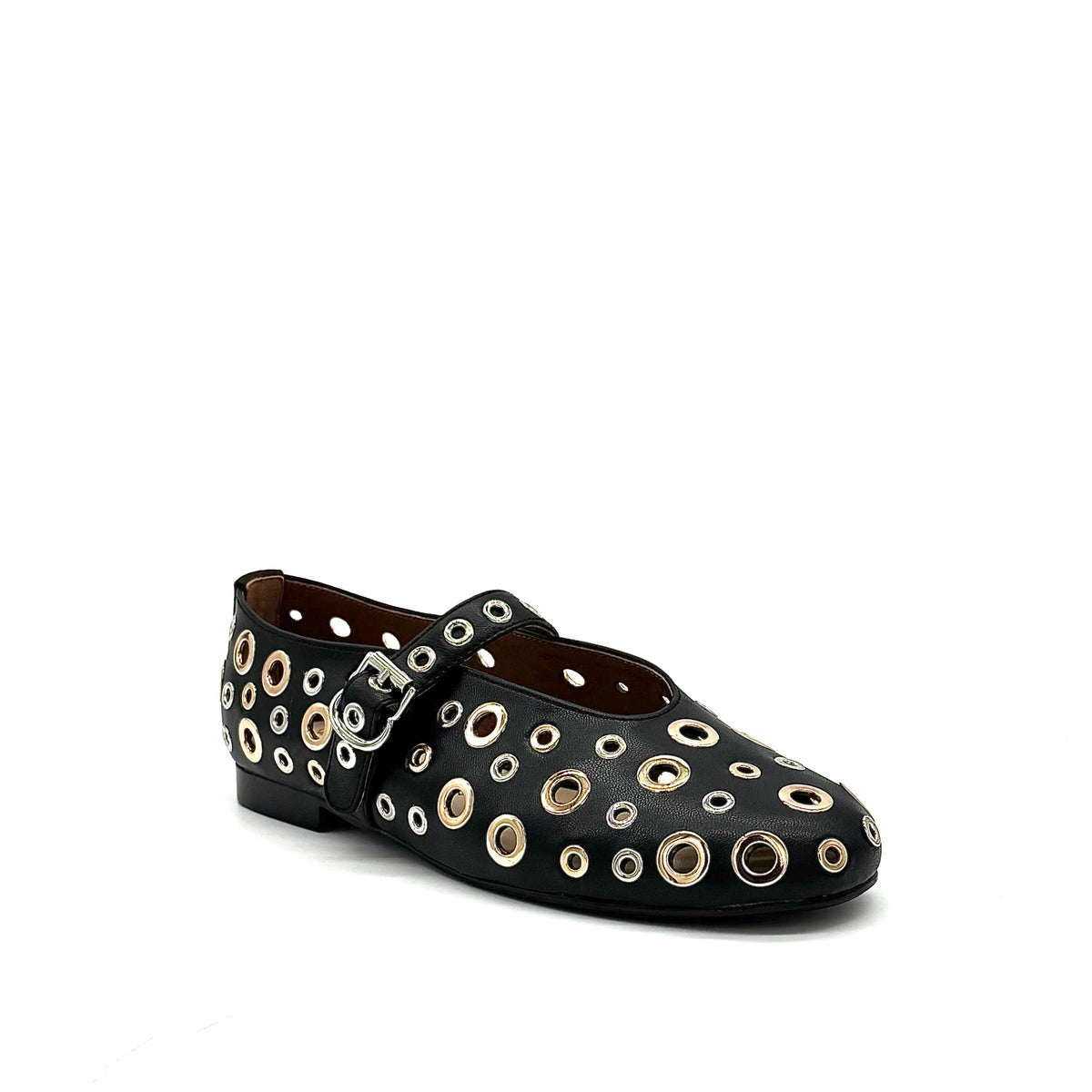 BONAVI Tinos leather ballet flats for women with studded eyelet design and Mary Jane strap in black and beige