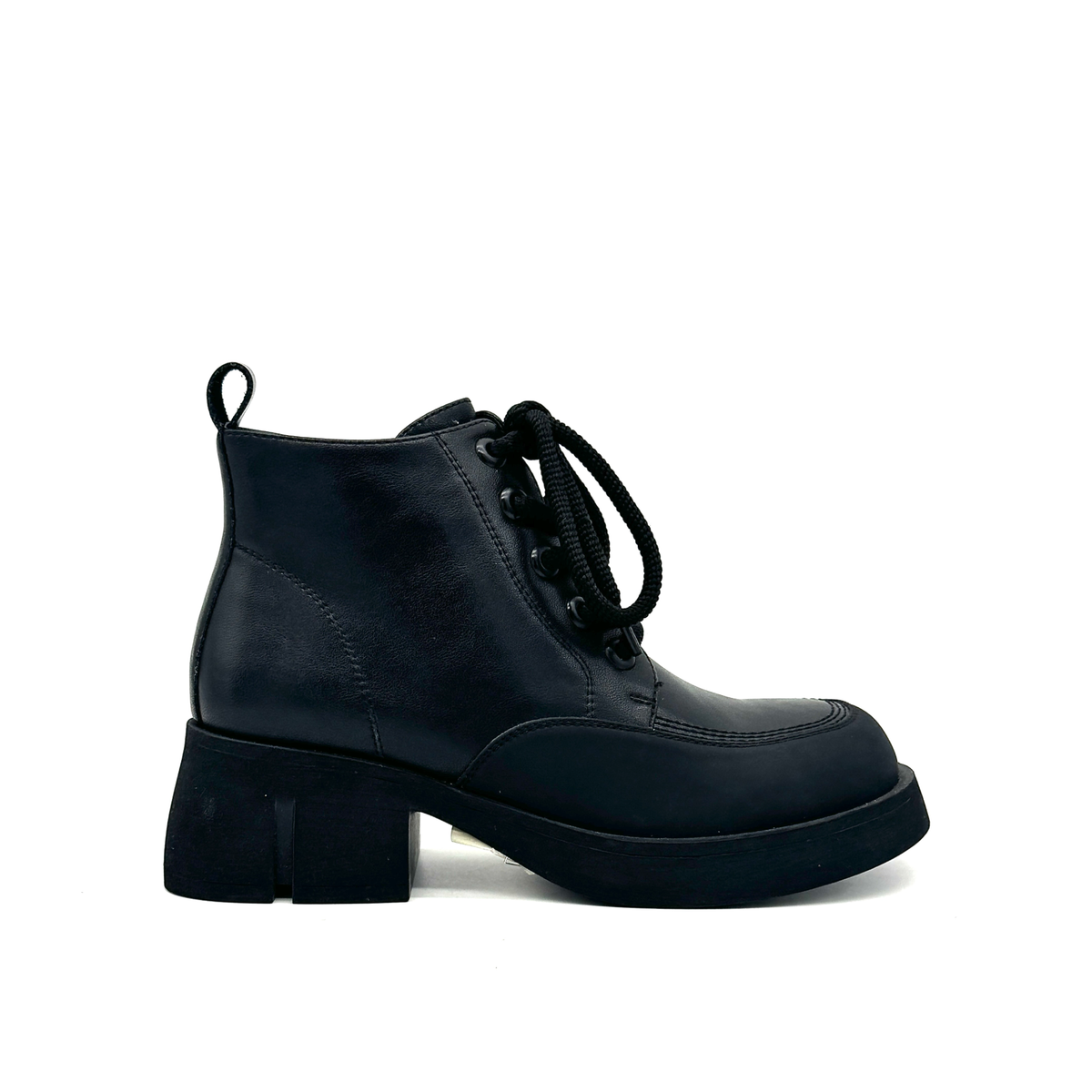 BONAVI Wren genuine leather combat boot in matte black with rubber toe guard and lace-up front, side view