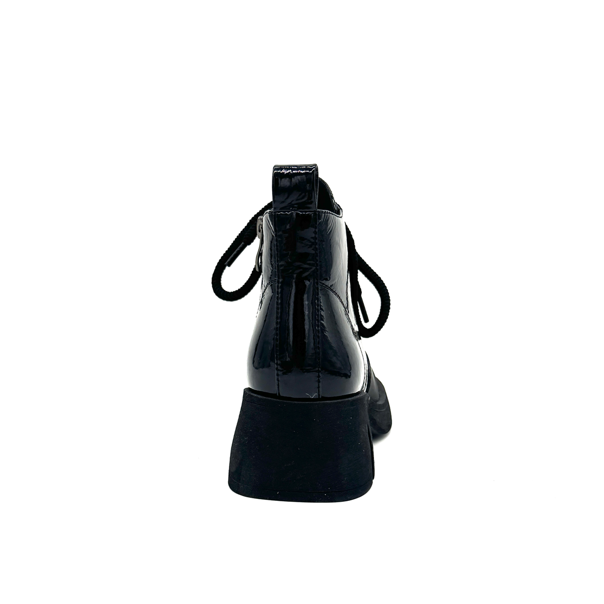 BONAVI Wren genuine leather combat boot in black patent with pull tab and block heel, rear view