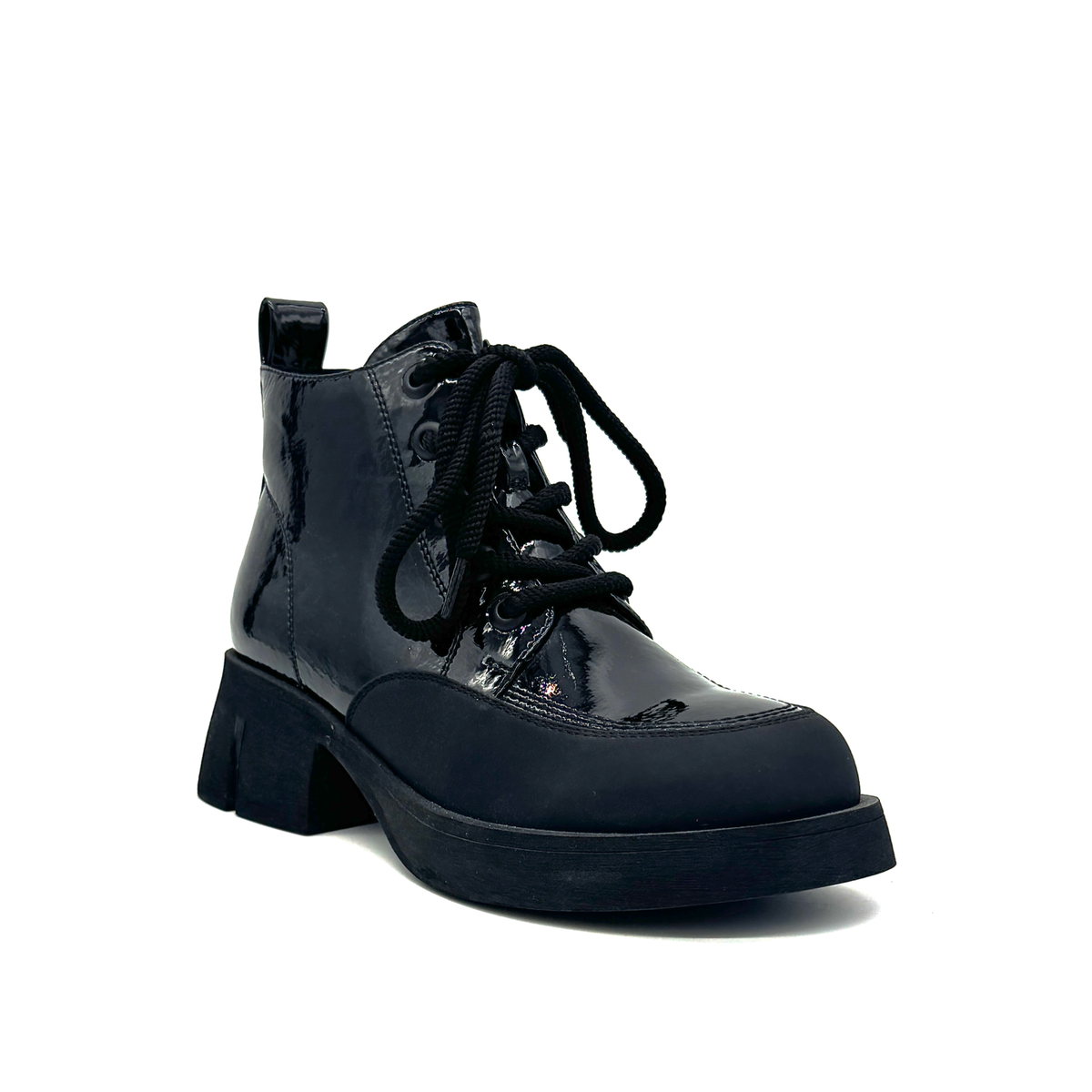 BONAVI Wren genuine leather combat boot in black patent with lace-up front, rubber toe guard and chunky sole, three-quarter view