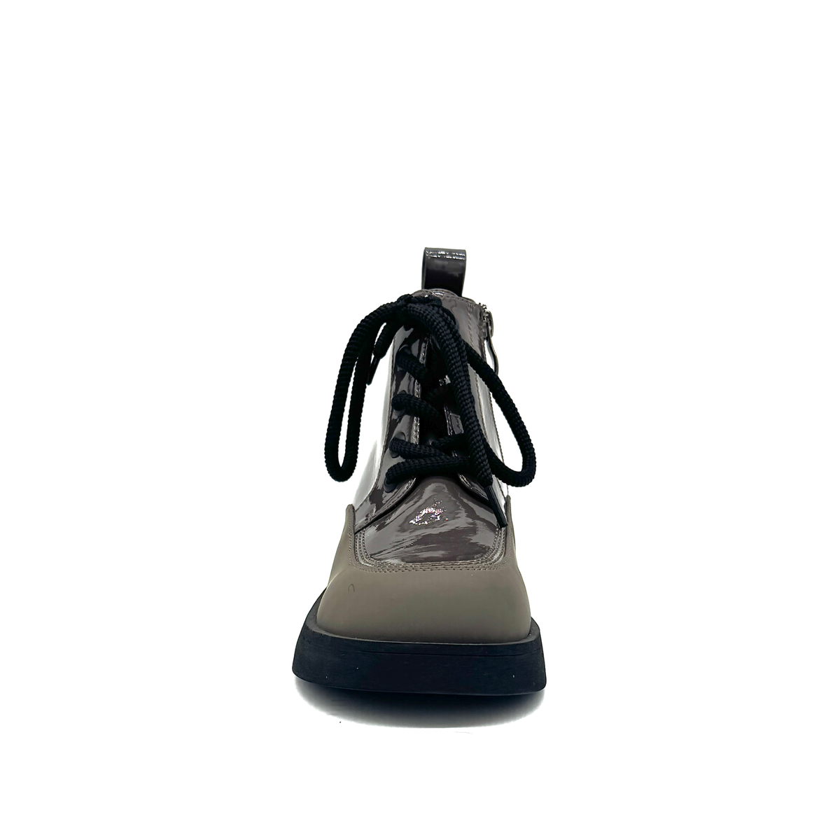 BONAVI Wren genuine leather combat boot in taupe patent with lace-up front and reinforced rubber toe guard, front view