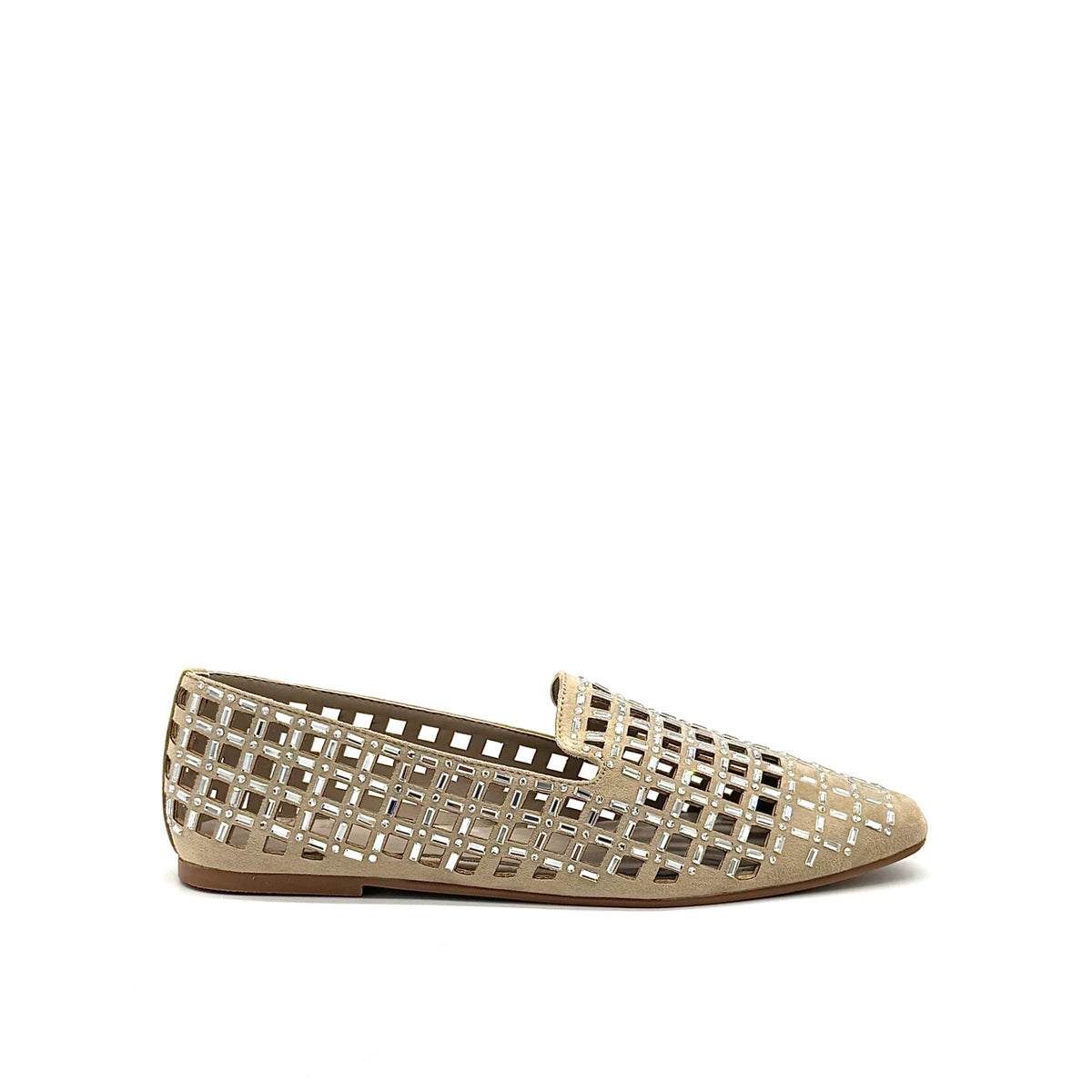 EXE 0285-1483 crystal-embellished caged loafer flat in black with rhinestone lattice cutout upper