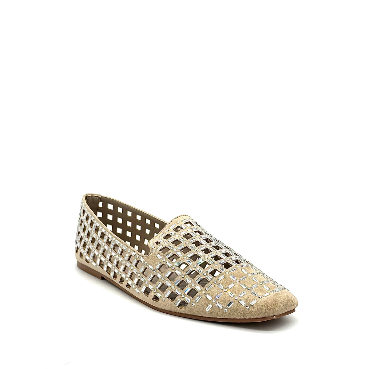 EXE 0285-1483 crystal-embellished caged loafer flat in black with rhinestone lattice cutout upper