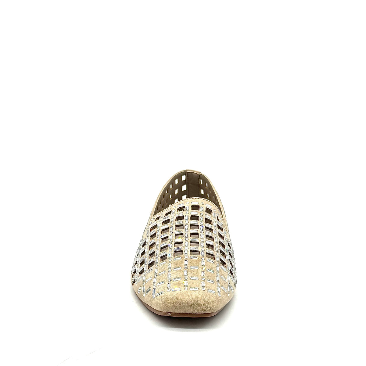 EXE 0285-1483 crystal-embellished caged loafer flat in black with rhinestone lattice cutout upper
