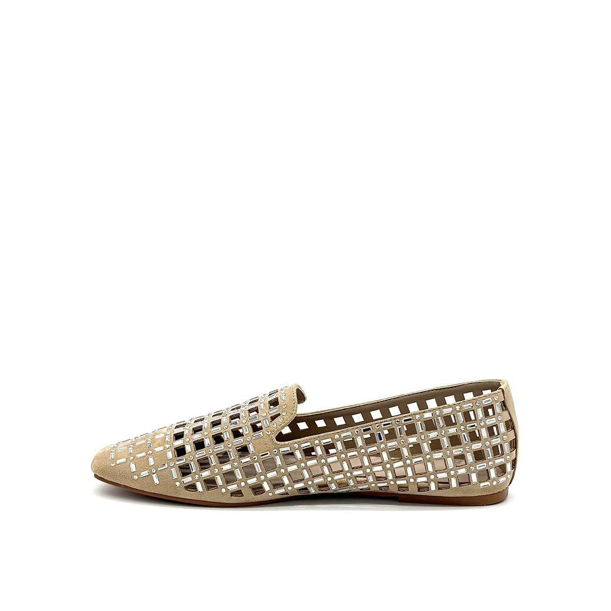 EXE 0285-1483 crystal-embellished caged loafer flat in black with rhinestone lattice cutout upper