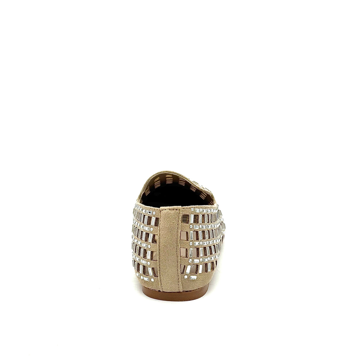 EXE 0285-1483 crystal-embellished caged loafer flat in beige with rhinestone lattice cutout upper