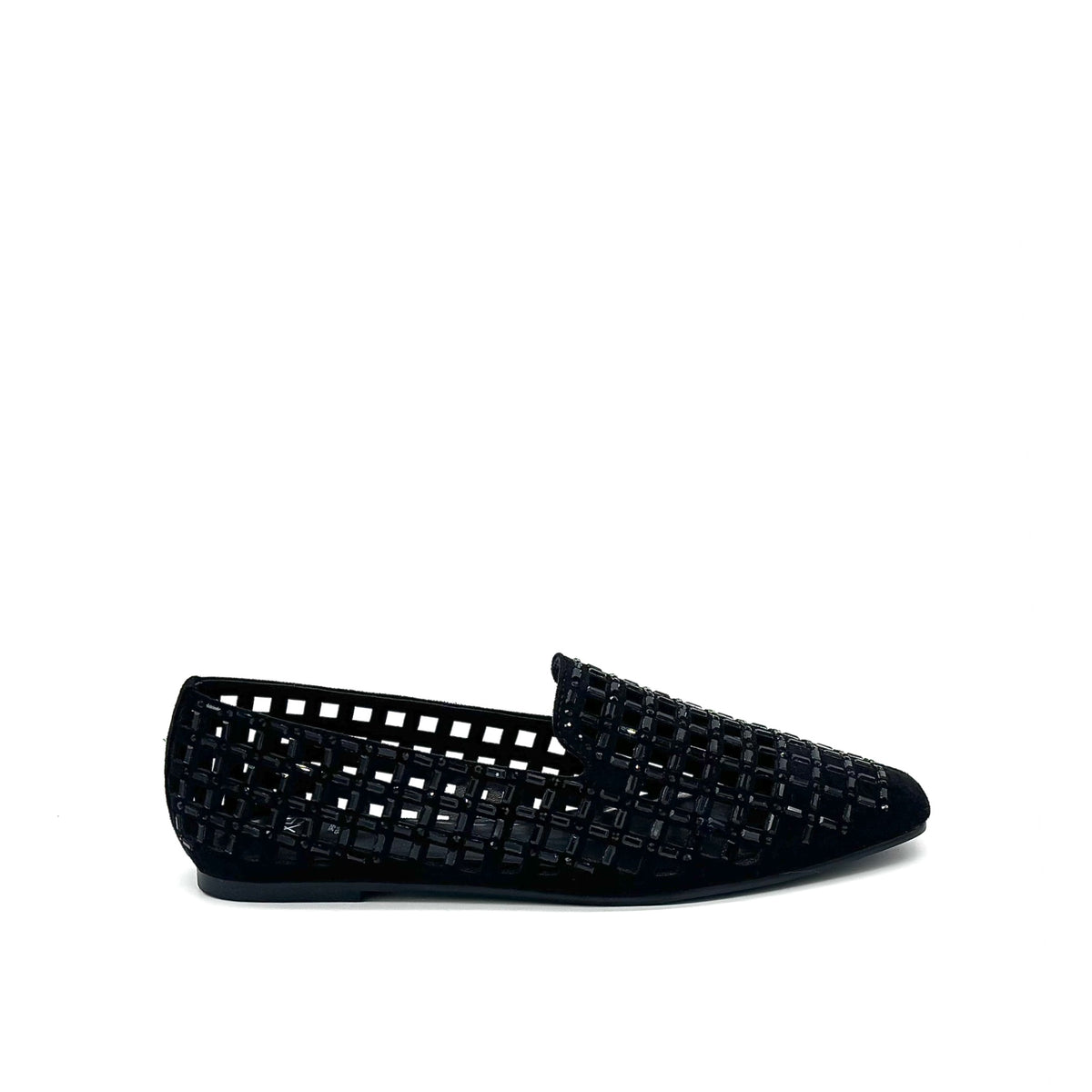 EXE 0285-1483 crystal-embellished caged loafer flat in black with rhinestone lattice cutout upper
