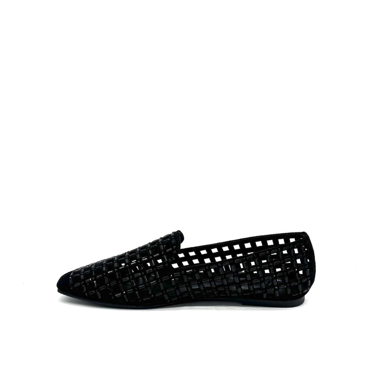 EXE 0285-1483 crystal-embellished caged loafer flat in black with rhinestone lattice cutout upper