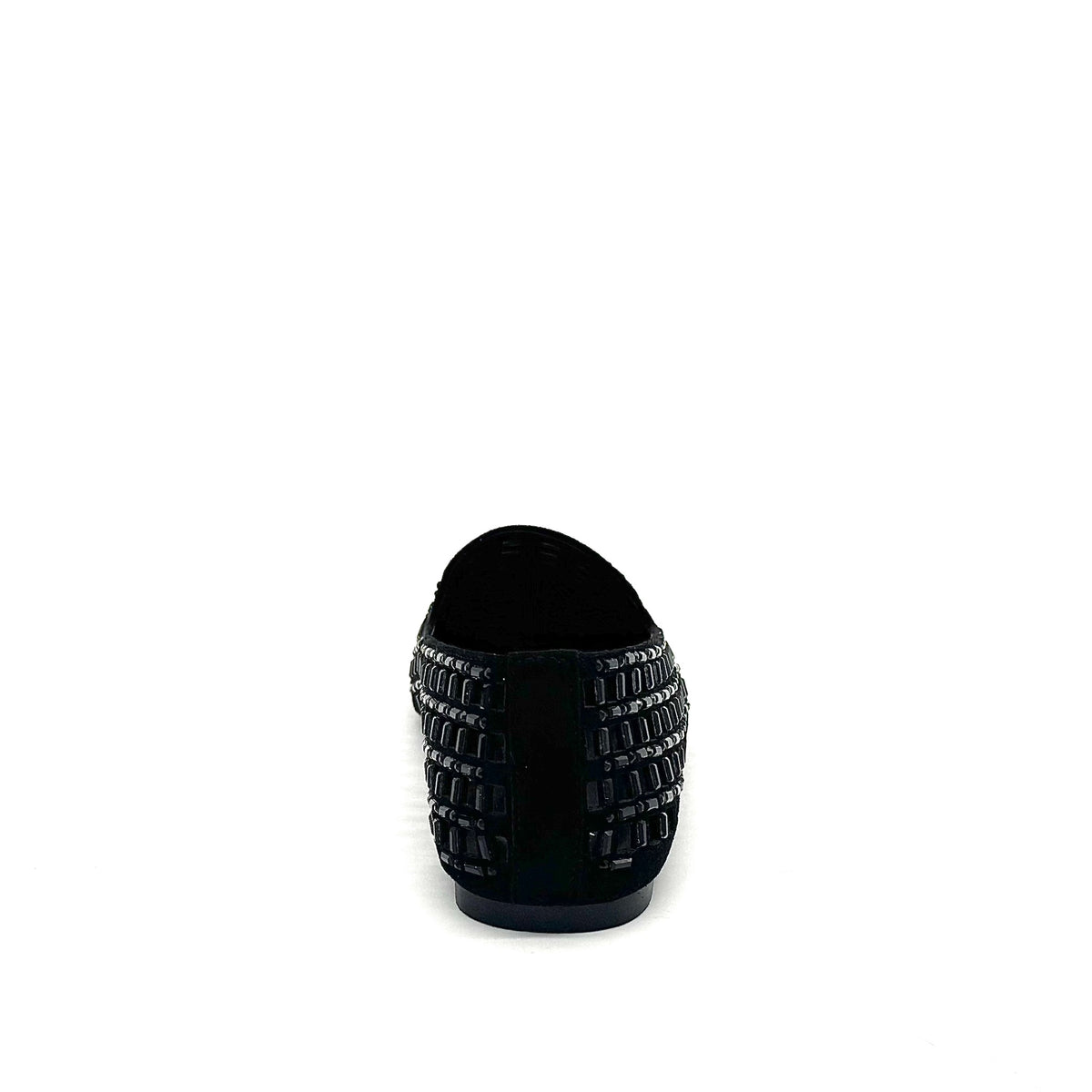 EXE 0285-1483 crystal-embellished caged loafer flat in black with rhinestone lattice cutout upper