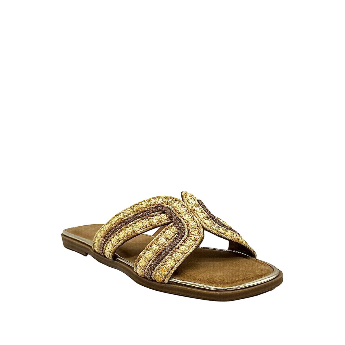 Gold: EXE 030-A7 woven cross-strap flat slide sandal in gold and natural with square toe, side view