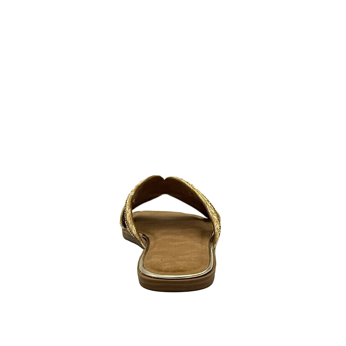 Gold: EXE 030-A7 woven cross-strap flat slide sandal in gold and natural with square toe, side view