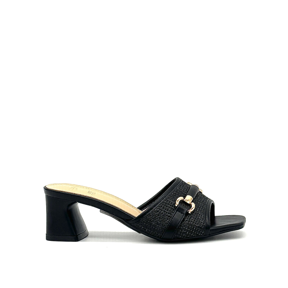 Black: EXE 333-15 woven horsebit block heel slide sandal in black with gold-tone hardware and square toe, side view