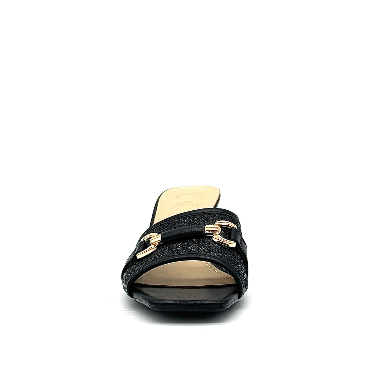Black: EXE 333-15 woven horsebit block heel slide sandal in black with gold-tone hardware and square toe, side view