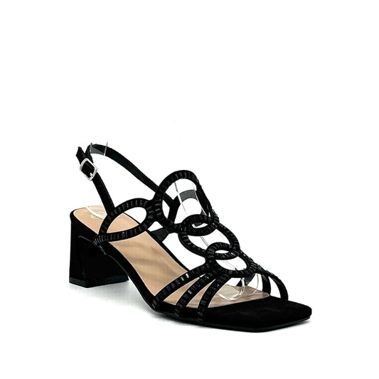 Black: EXE 3H107-16 cage-strap slingback block heel sandal in black with crystal-edged straps and adjustable ankle strap, side view