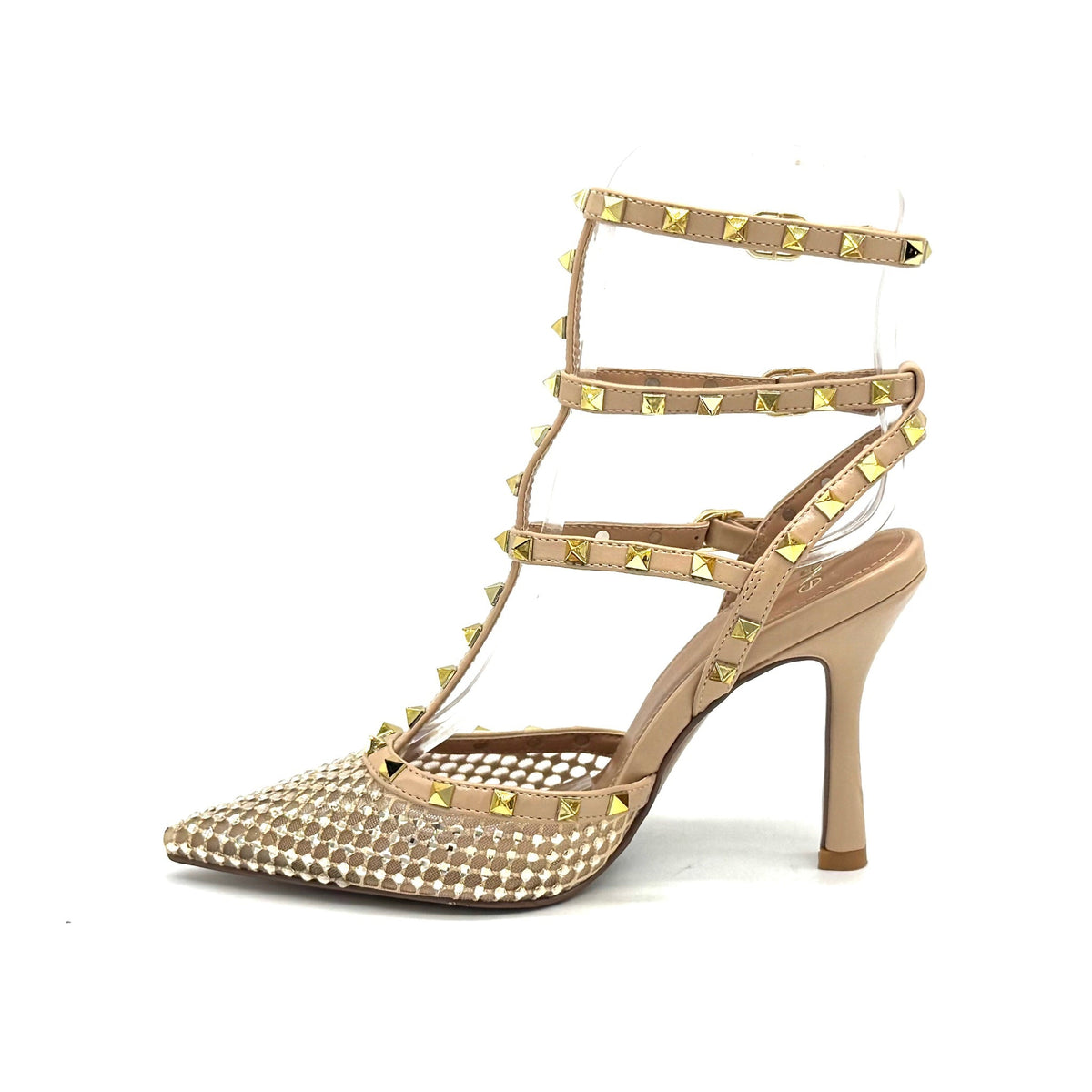 EXE Angela-716 studded caged pointed toe stiletto pump in nude with pyramid stud T-strap ankle straps and woven metallic mesh toe, side view