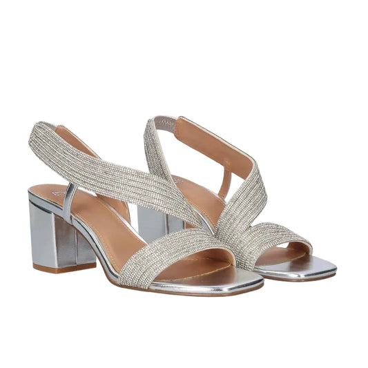 EXE Anny 428 silver rhinestone sandals for women with block heel and stretch straps