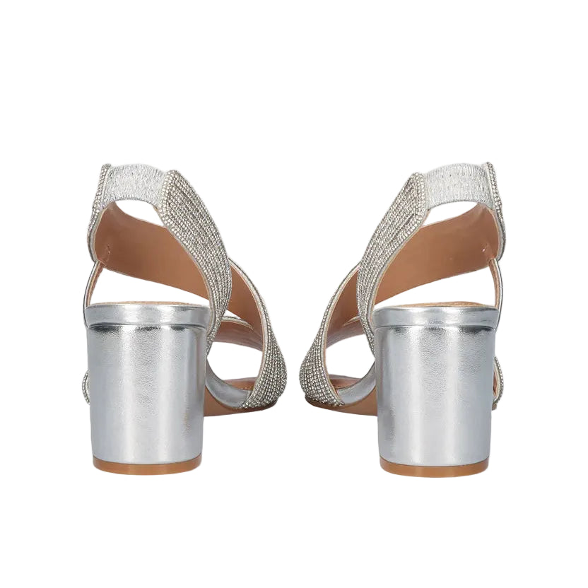 EXE Anny 428 silver rhinestone sandals for women with block heel and stretch straps