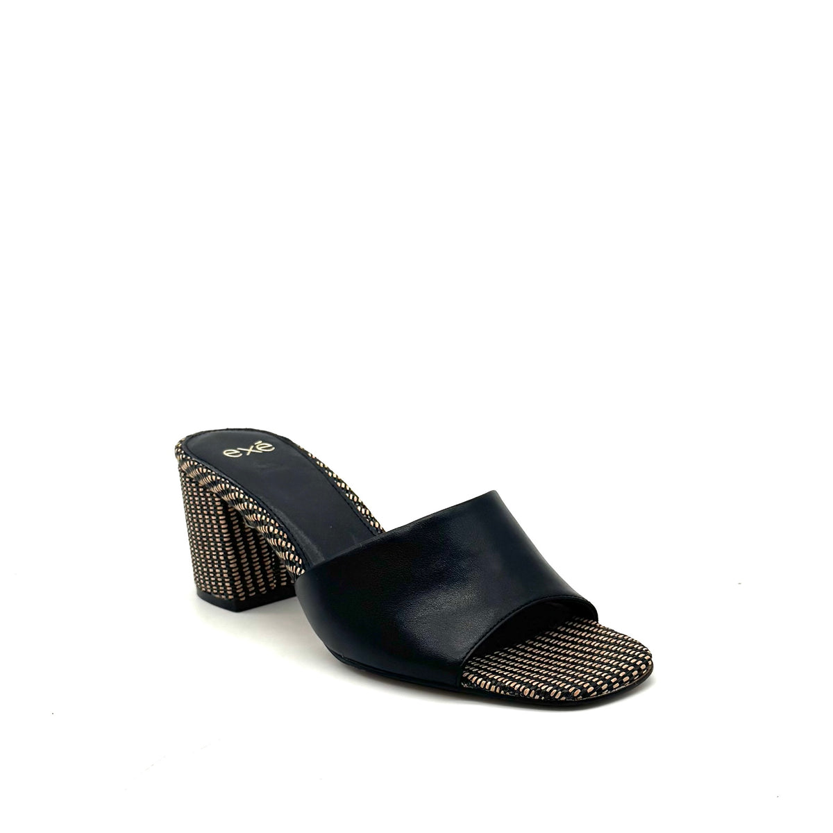 EXE Anny-833 block heel mule sandal in black with woven textured toe panel and matching block heel